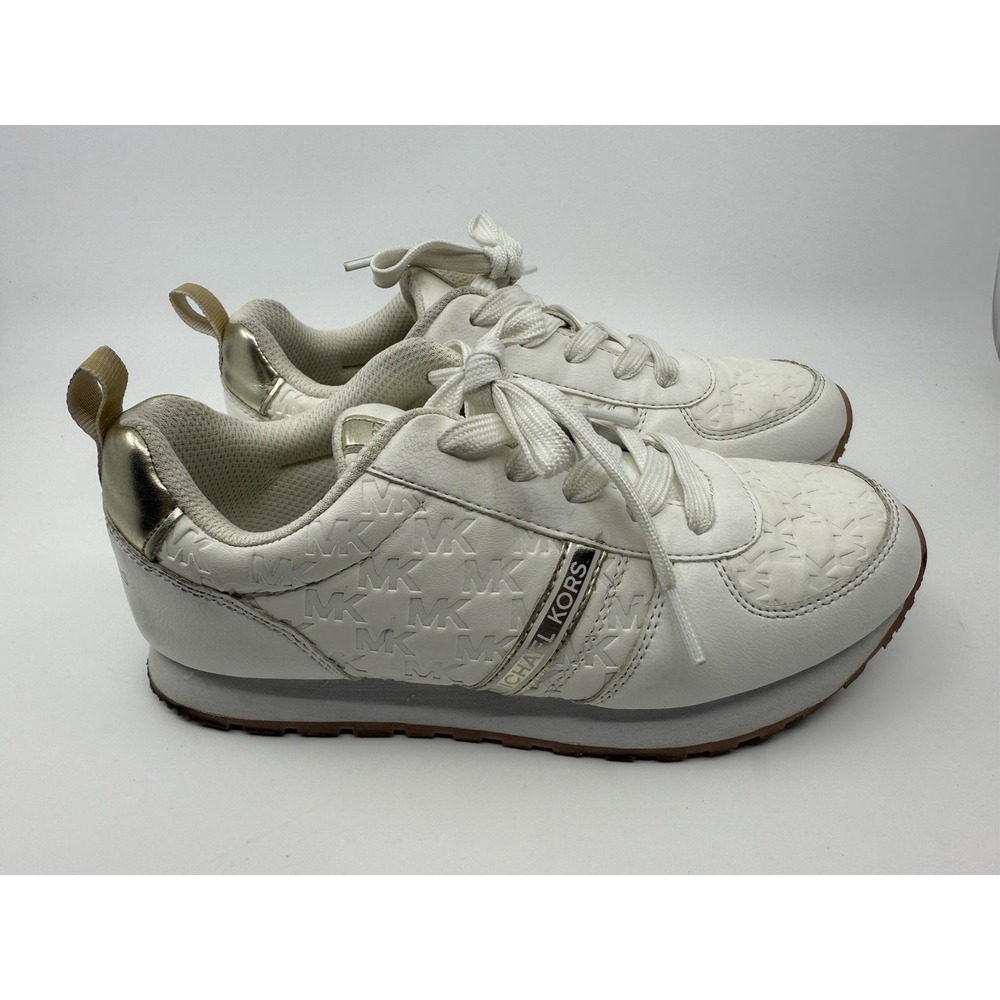 Girl's Kid Michael Kors White and Gold Leather Low Top Sneakers Shoes Size 3 1/2